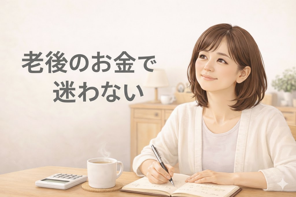 老後のお金で迷わないために、ノートに書き出して考えている50代女性のイラスト