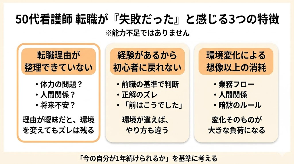 50代看護師の転職が「失敗だった」と感じる3つの特徴を整理した図解