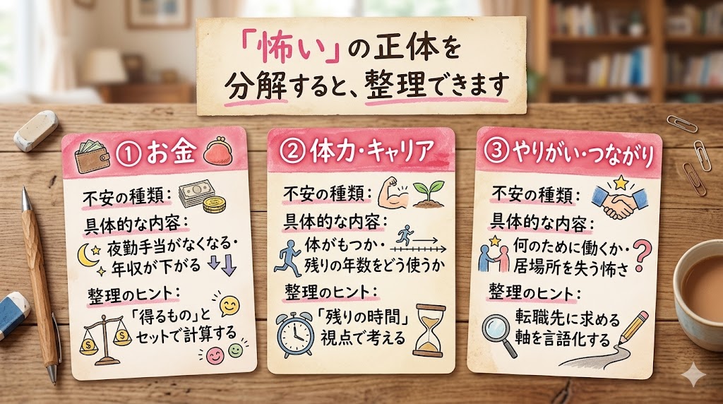 「怖い」の正体を分解すると整理できます｜お金・体力・やりがいの3つの不安