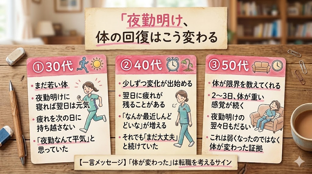 夜勤明け体の回復の変化｜30代・40代・50代の違い