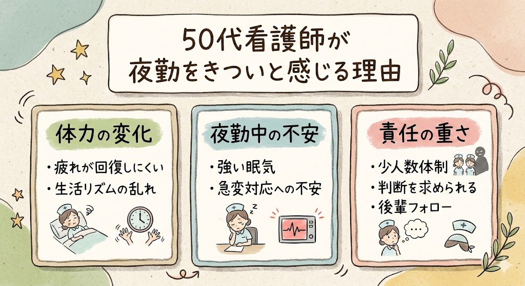50代看護師が夜勤をきついと感じる理由（体力の変化・夜勤中の不安・責任の重さ）