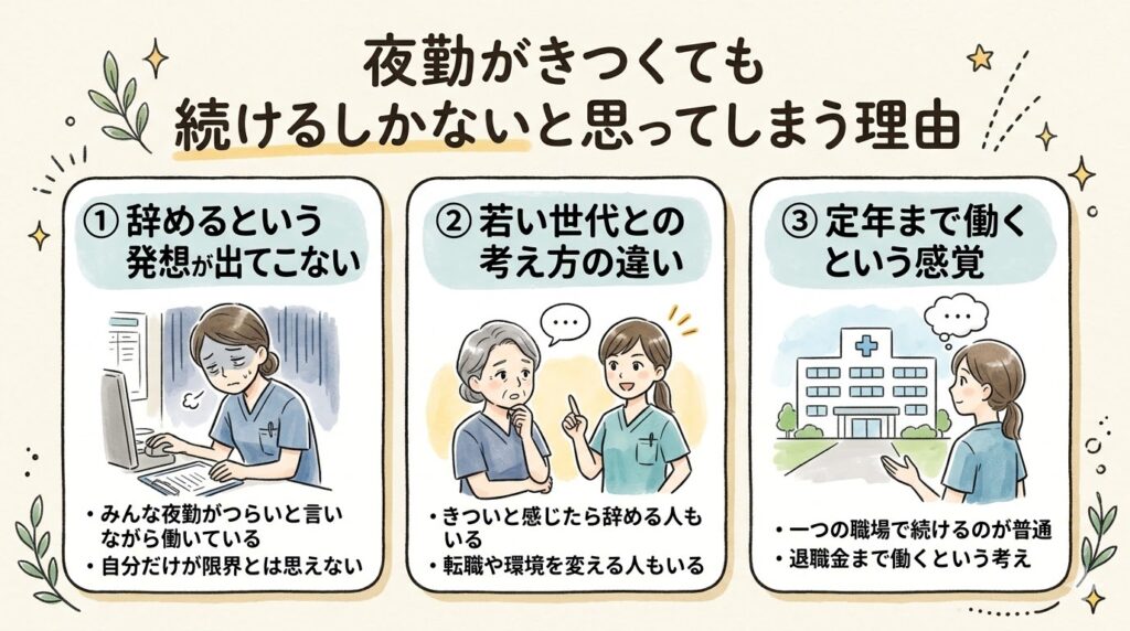 夜勤がきつくても続けるしかないと思ってしまう理由を解説した図解（辞める発想が出てこない・若い世代との考え方の違い・定年まで働くという感覚）