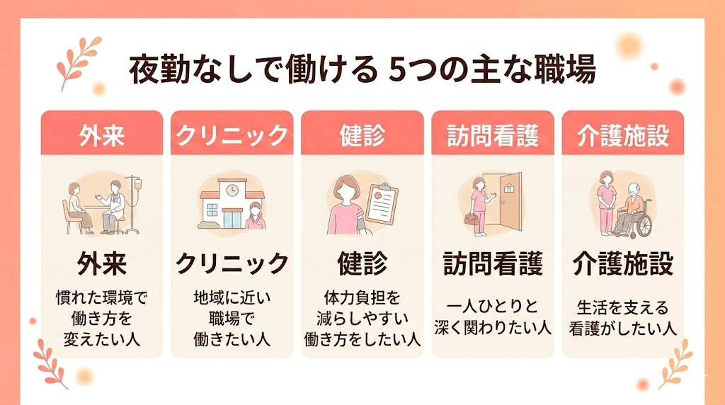 夜勤なしで働ける5つの主な職場と向いている人をまとめた50代看護師向け図解