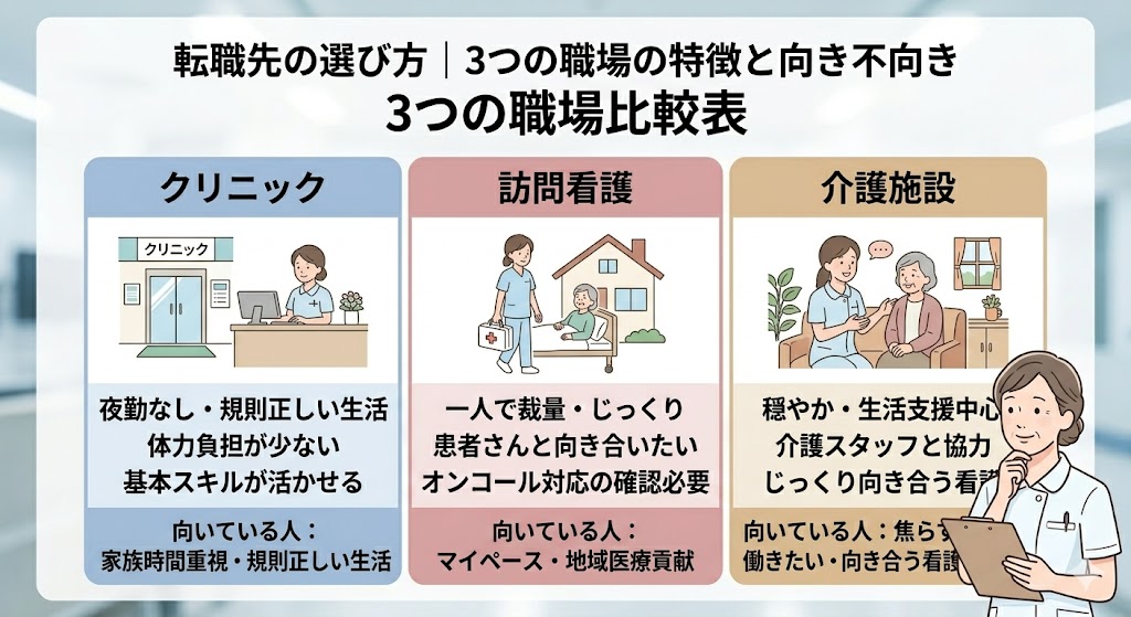 転職先の選び方｜クリニック・訪問看護・介護施設の3つの職場比較表