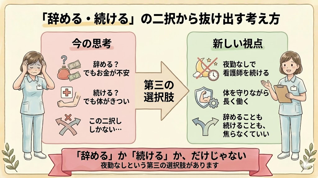 辞める・続けるの二択から夜勤なしという第三の選択肢への切り替えを示した図解