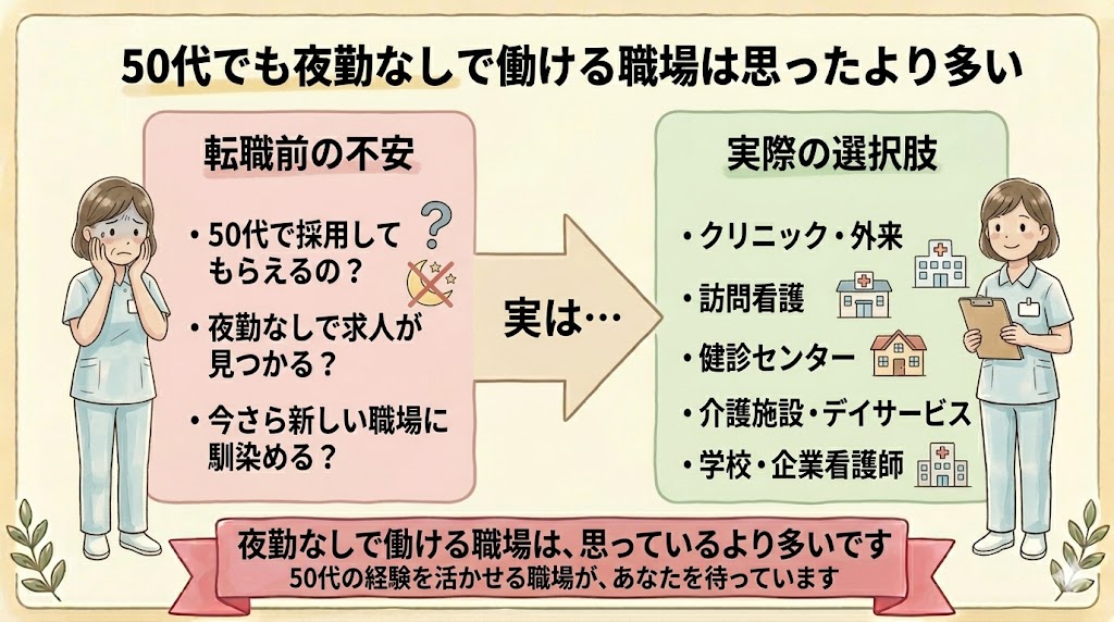50代でも夜勤なしで働ける職場の選択肢を転職前の不安と実際の職場タイプで比較した図解
