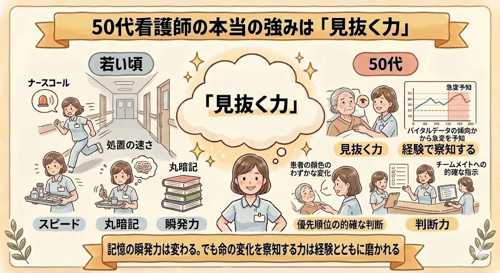 50代看護師の本当の強みは見抜く力｜若い頃のスピードや丸暗記と比較した図解