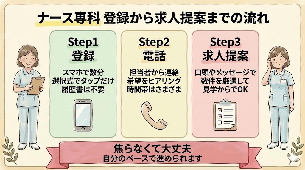 ナース専科 登録から求人提案までの流れ（Step1登録・Step2電話・Step3求人提案）