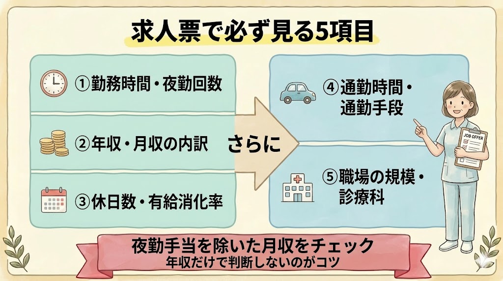 求人票で必ず見る5項目（勤務時間・年収・休日・通勤・職場規模）