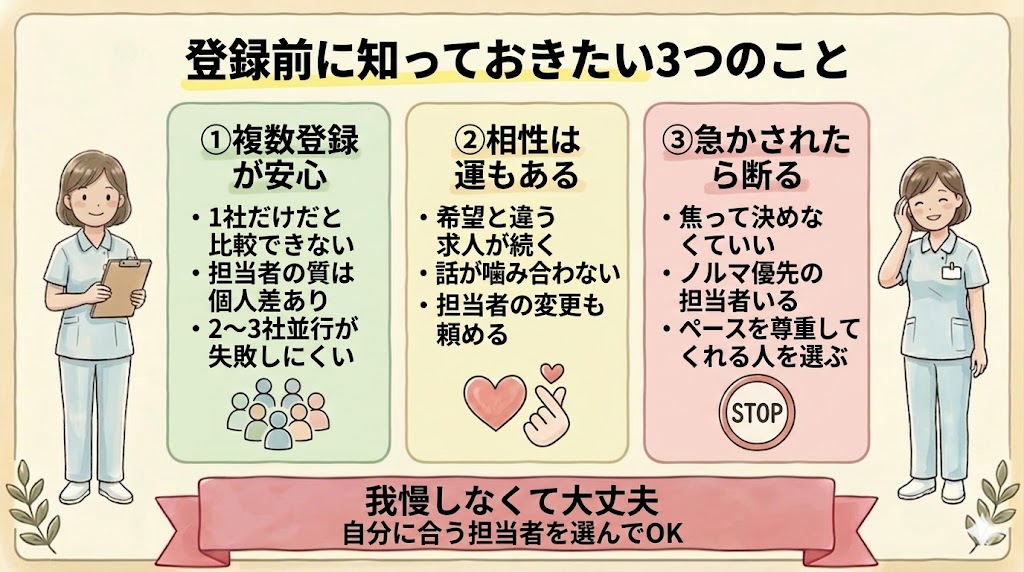 ナース専科登録前に知っておきたい3つのこと（複数登録・担当者相性・急かされ対策）