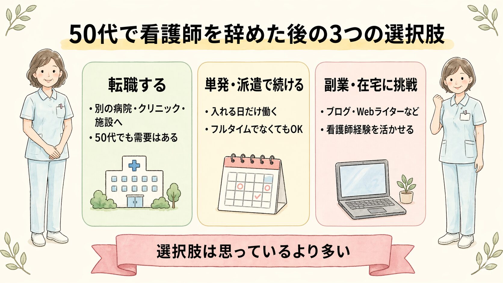 50代で看護師を辞めた後の3つの選択肢:転職・単発派遣・副業在宅