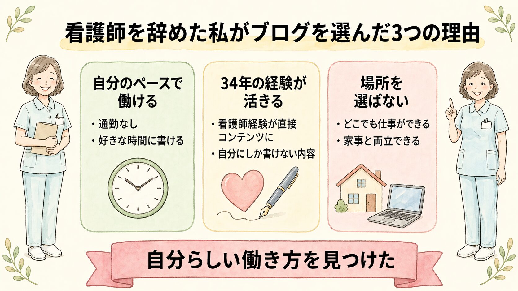 看護師を辞めた50代の私がブログを選んだ3つの理由:自分のペース・34年の経験・場所を選ばない
