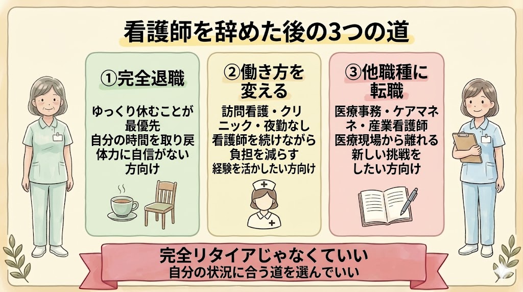 看護師を辞めた後の3つの道（完全退職・働き方を変える・他職種に転職）を比較した図解