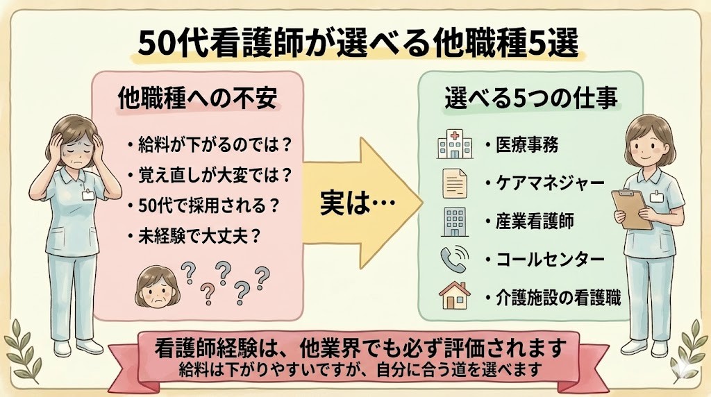 50代看護師が選べる他職種5選（医療事務・ケアマネ・産業看護師・コールセンター・介護施設）の不安と選択肢を整理した図解