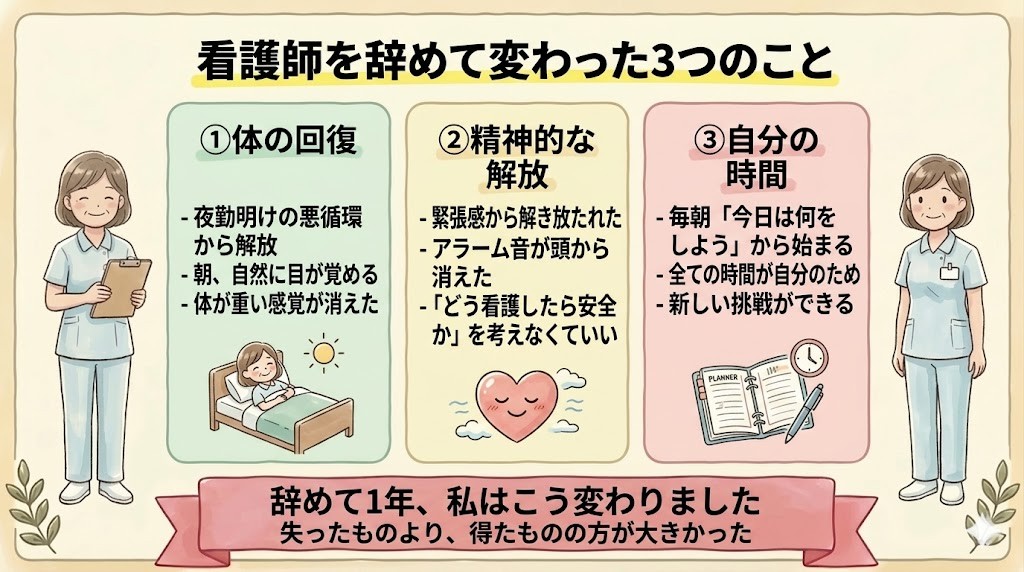 看護師を辞めて変わった3つのこと（体の回復・精神的な解放・自分の時間）を整理した図解
