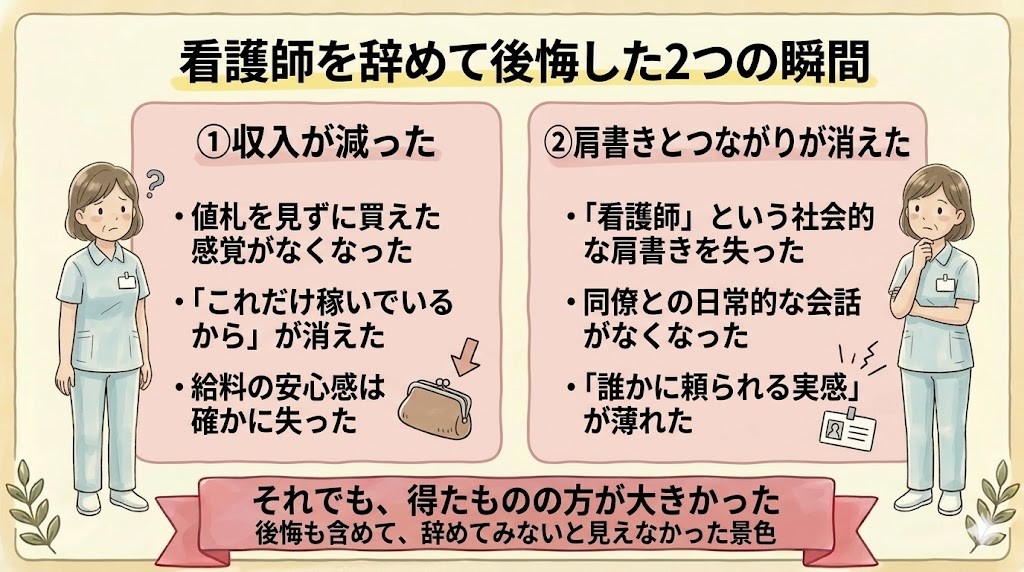 看護師を辞めて後悔した2つの瞬間（収入が減った・肩書きと職場のつながりが消えた）を整理した図解
