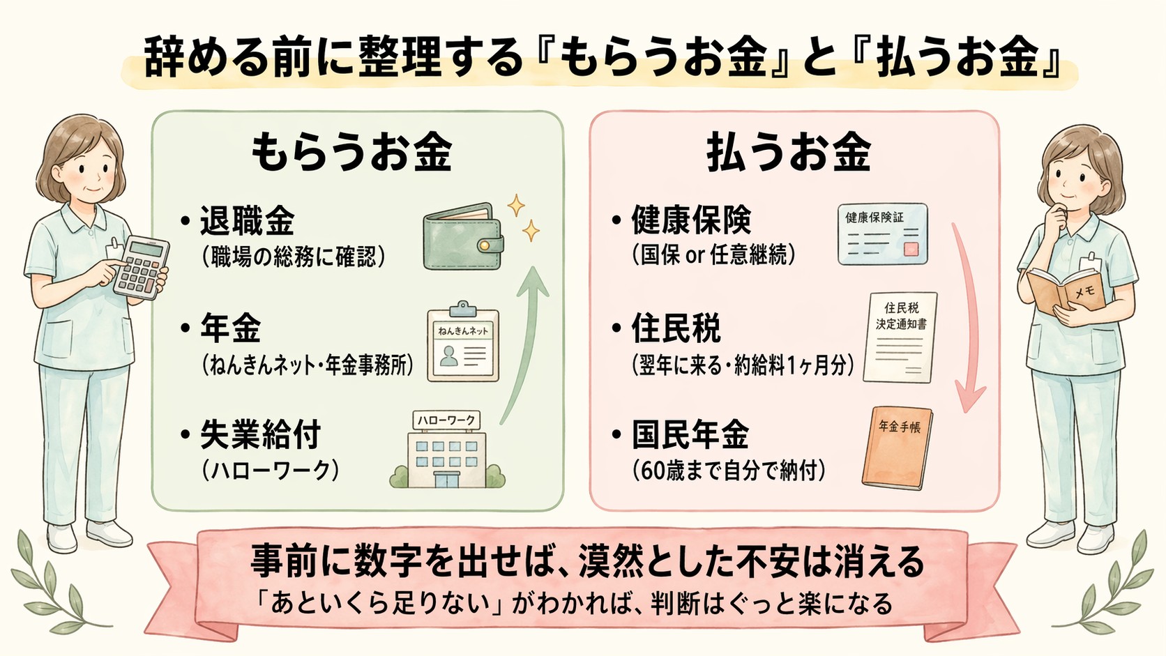 看護師が辞める前に整理する「もらうお金」と「払うお金」を対比した図解