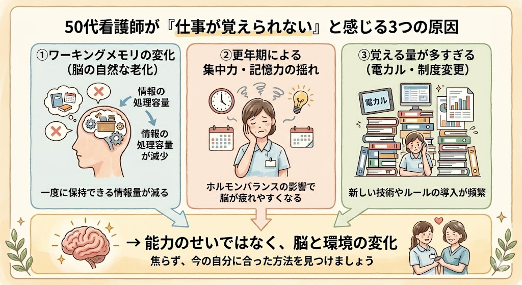50代看護師が仕事を覚えられないと感じる3つの原因の図解