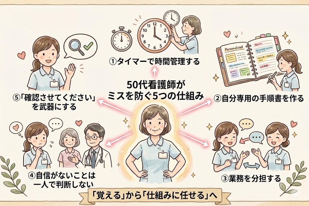 50代看護師がミスを防ぐ5つの仕組みの図解