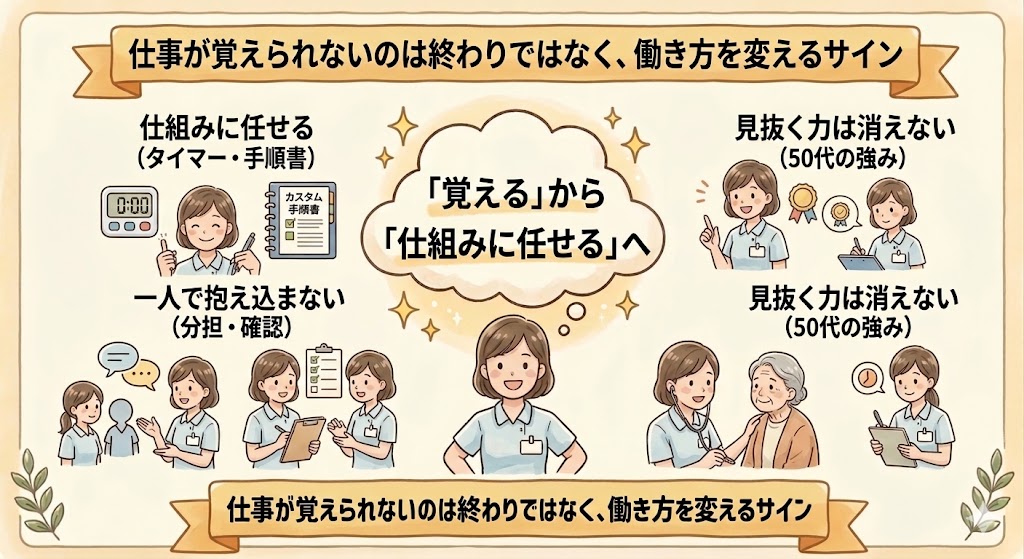 50代看護師が仕事を覚えるために覚えるから仕組みに任せるへ切り替える図解まとめ