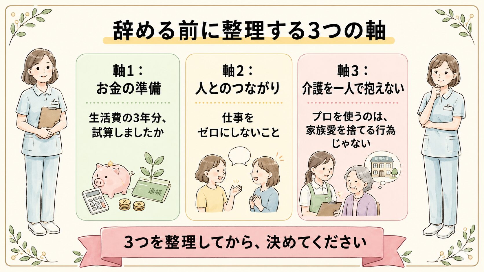 辞める前に整理する3つの軸 お金・人とのつながり・介護を一人で抱えない