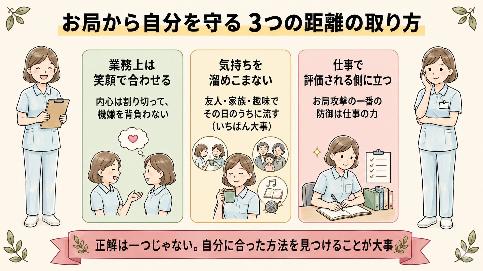 看護師がお局から自分を守る3つの距離の取り方の図解