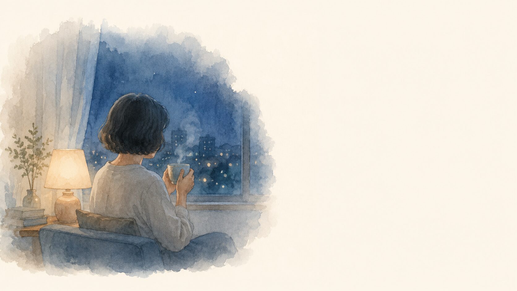 親の介護に疲れた夜・湯のみを持つ後ろ姿