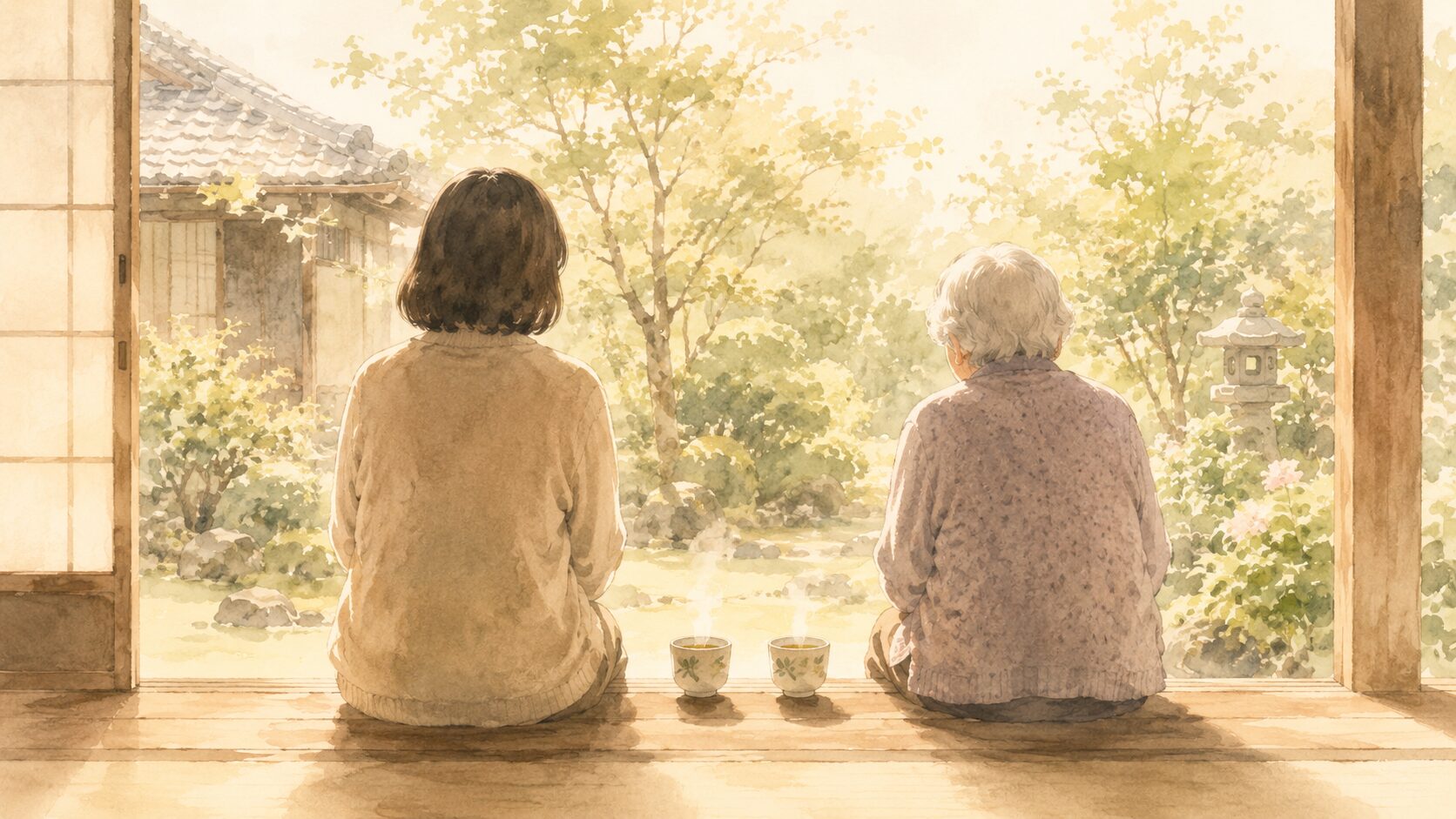 親が元気なうちに何が幸せかを聞いておく・縁側の親子