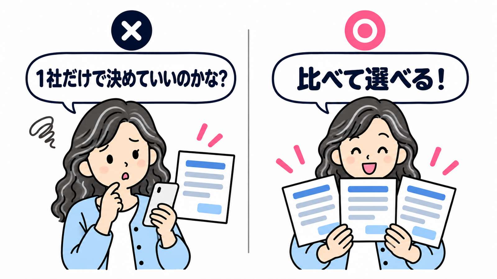 1社だけで決めていいのかな?と迷う看護師と、複数登録して比べて選べる!と喜ぶ看護師の左右比較